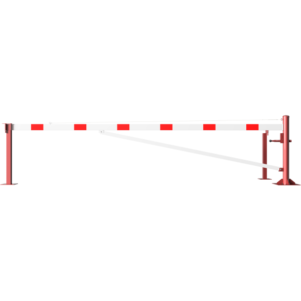 Swing barrier | with bracing tube and | pull rope reinforcement | to be fixed by plugs, hot-dip galvanized and red coated with white reflecting rings | Barrier arm length: 4500 mm | for padlock